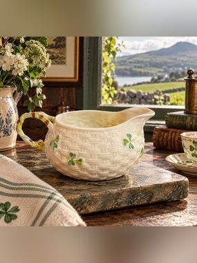 Vintage Belleek Ireland Shamrock Basketweave Creamer Pitcher 7th Gold Mark